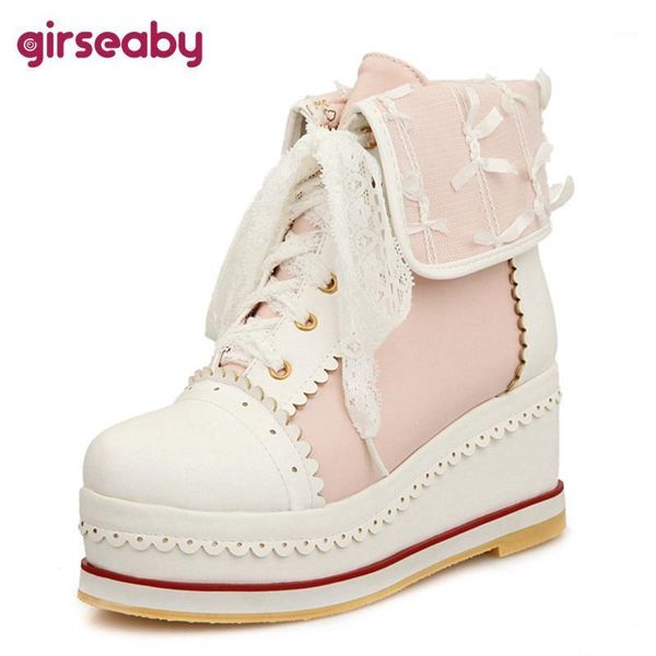 

boots girseaby 2021 sweet ankle lolita appliques platforms lace up candy color cosplay thick sole shoes pink beige red a45231, Black