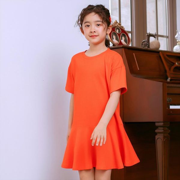 

kids summer girls casual cotton girl dresses ruffle age 4 6 8 10 12 14 yrs simple children clothing orange, Red;yellow