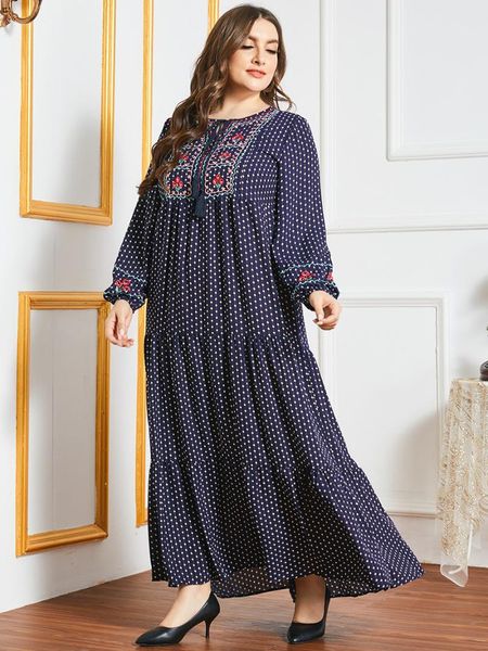 

ethnic clothing indie folk floral embroidery dot maxi dress for women fall 2021 elegant o neck long sleeve plus size arabic clothes, Red