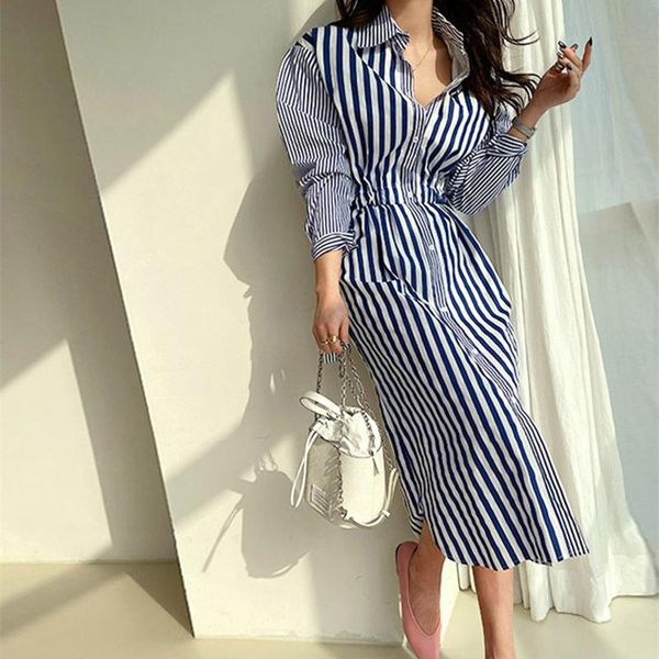 

casual dresses limiguyue chic women autumn striped lace up shirt lapel collar elegant slim vestidos korean vintage long k2738, Black;gray