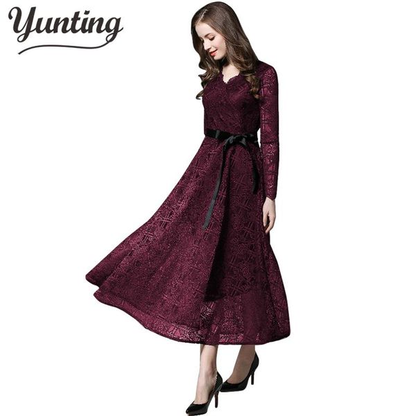 

casual dresses spring runway dress 2021 elegant party fashion women long sleeve maxi luxury lace, Black;gray