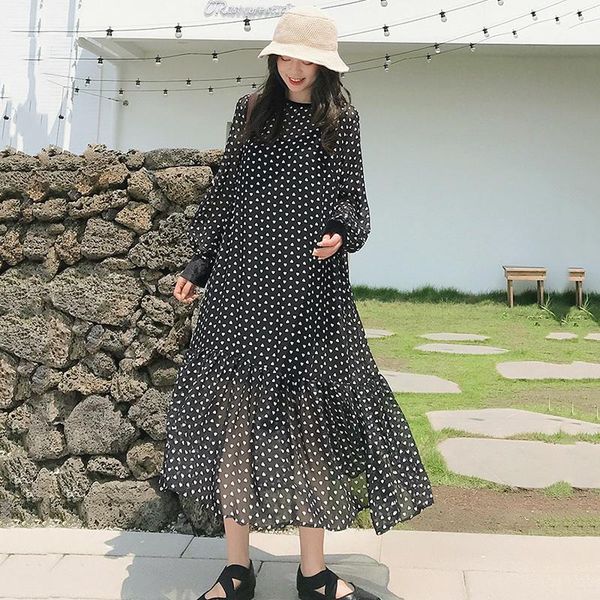 

casual dresses fashion black round neck long sleeve love print ruffled woman chiffon dress vintage simple tide autumn td111, Black;gray