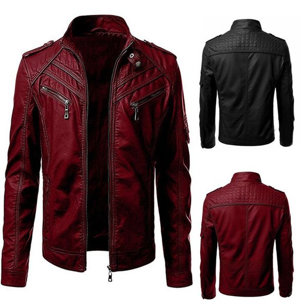 

fashion leather 2021 men's clothes casual solid color splicing collar pu coat, Black