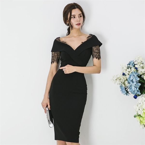 Abito da lavoro d'ufficio nero moda per donna elegante aderente in pizzo sexy scollo a V manica corta patch slim party estivo 210603