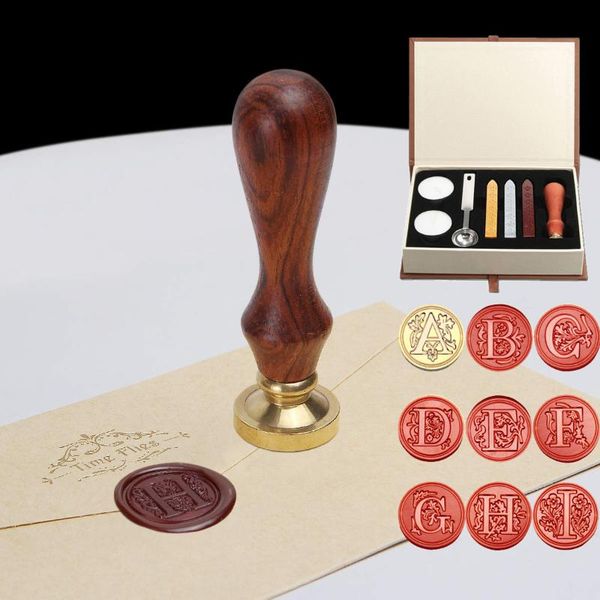 

letter pattern retro sealing wax set diy paper envelope decoration delicate cuprum stamps wood handle for wedding invitation packing bags