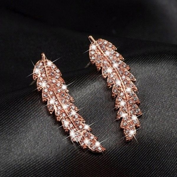 

fashion creative leaf shape stud earrings women shiny zircon rhinestones earrings party ear jewelry gifts accessories, Golden;silver
