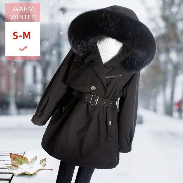 

women's down & parkas fashion women real raccoon fur collar long white duck jacket with hood female thick warm windproof coat belt1, Black