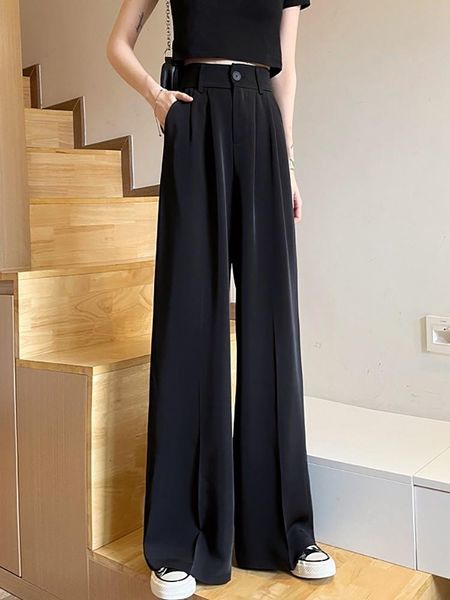 

women's pants & capris suit summer 2021 high waist slim black wide leg floor dragging casual loose, Black;white