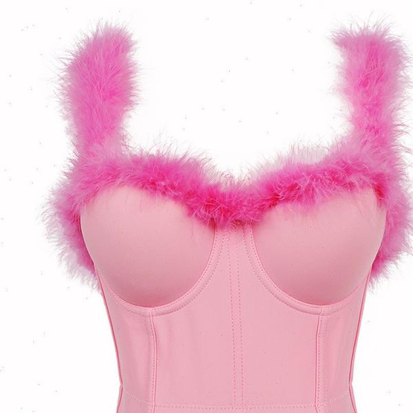 

fashion ping faux fur women camis with built in bra adjustable shoulder strap womens clothing femme push up, White