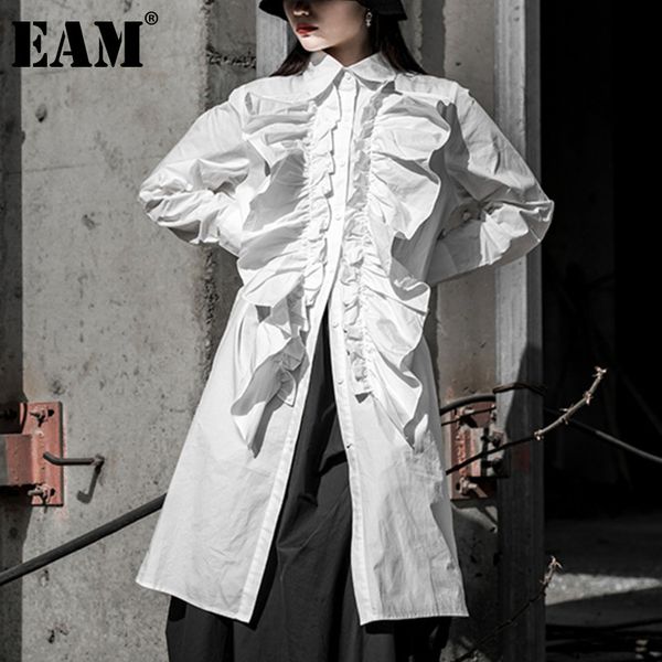 

[eam] women white black ruffles long big size blouse lapel long sleeve loose fit shirt fashion spring autumn 1dd6191 21512
