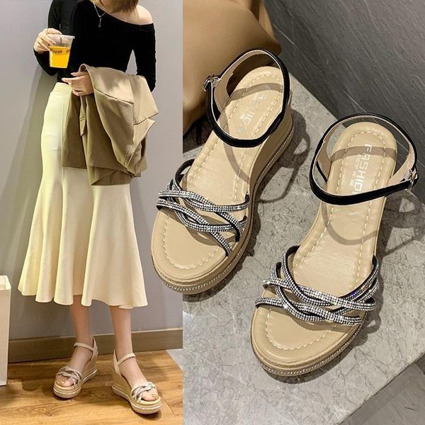 

sandals slope heel 2021 summer high-heeled waterproof thick-soled increased women's comfortable to wear outside, Black