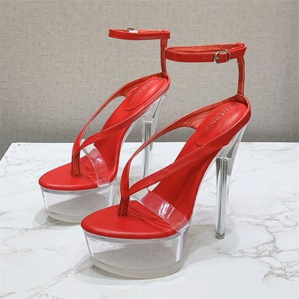 

transparent women heeled sandals ankle strap thin super high heels round toe dress black red big size 43 shoes