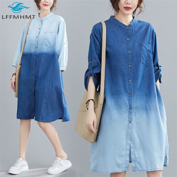

casual dresses women fall gradient large size long sleeve stand collar denim office lady oversize female vintage jean dress gp11, Black;gray