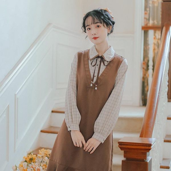 

casual dresses japanese cute women kawaii dress autumn plaid contrast stitching fake two piece set lapel bow sweet student vestidos, Black;gray