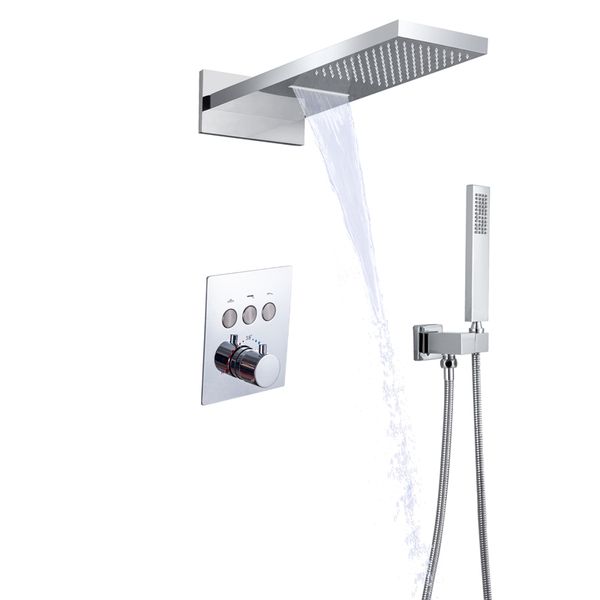 Chrome polido termostático chuveiro chuveiro cabeça 20x10 polegadas banheiro casa de banho chuva chuva combo conjunto com handheld