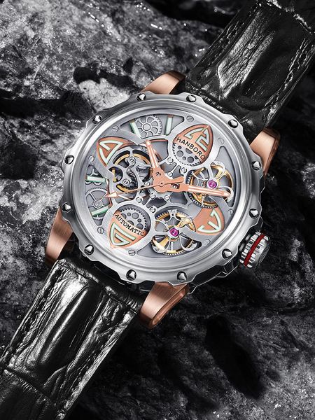 

wristwatches hengbaoluo black technology tourbillon waterproof belt hollowed out automatic mechanical watch ten leather wat, Slivery;brown