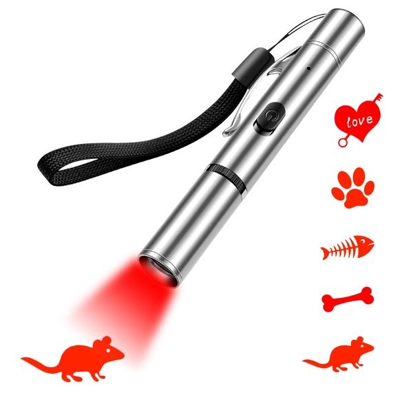 

rechargeable projection cat teaser red green switchable multi pattern pet toy stainless steel flashlight2021