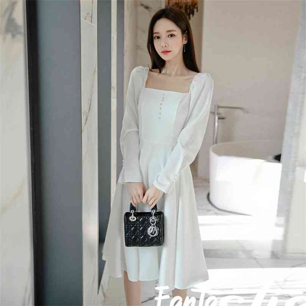 Weißes Partykleid, koreanische Damen, Herbst, langärmelig, quadratischer Hals, locker, sexy Nig-Club-Kleider für Damenbekleidung 210602
