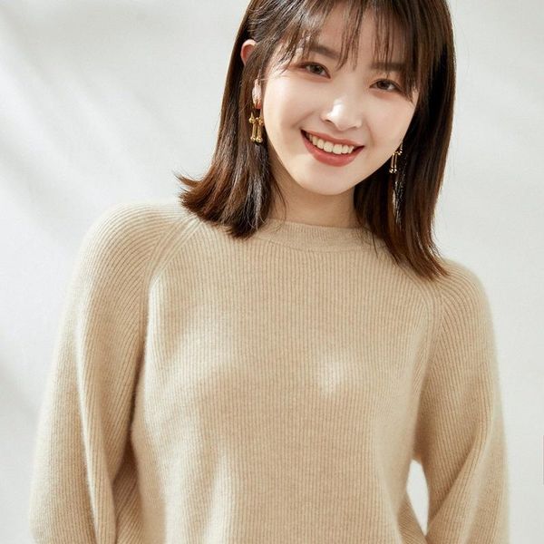 

women's knits & tees style temperament korean semi high neck cashmere sweater pullover knitted loose bottomed shirt, White