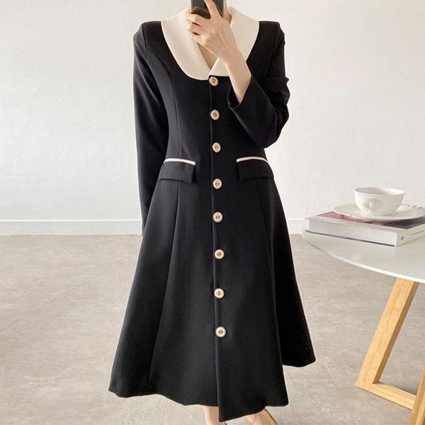 

casual dresses [ewq] korean chic medium long contrast lapel single breasted dress women autumn 2021 slim thin a-line female 16r569, Black;gray
