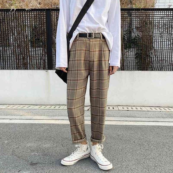 Koreanische Männer Plaid Hosen Vintage Knöchel Länge Gerade Hosen Sommer Dünne Streetwear Mode Lose Khaki Karierte Böden 210406