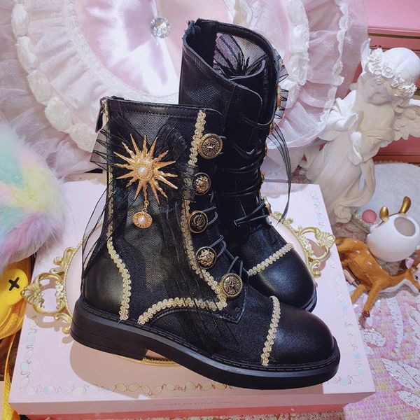 

boots womens mesh ankle badge buttons metal decor low heel lace up shoes hollow out tassels summer british styles punk, Black