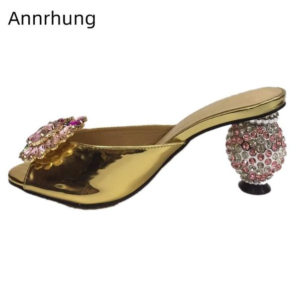 

slippers luxury jeweled ball heel colourful crystal flower decor summer shoes woman gold patent leather slides peep toe, Black