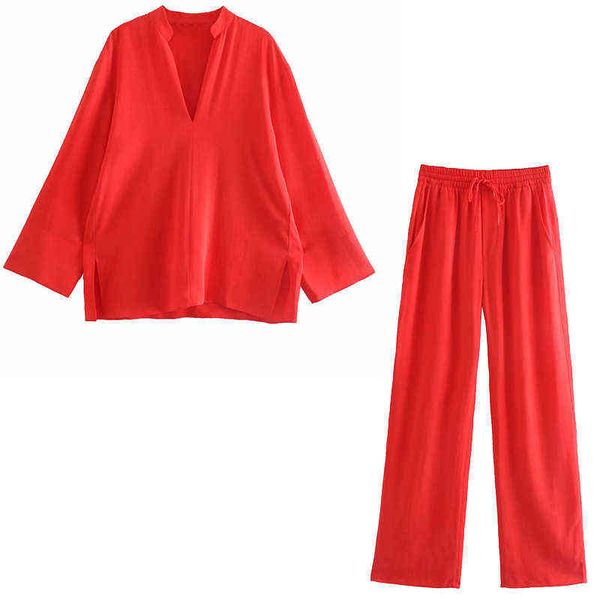

women 2 pieces set long sleeve v-neck blouse long trousers pajamas suit fashion casual women outfit pants sets 211118, White