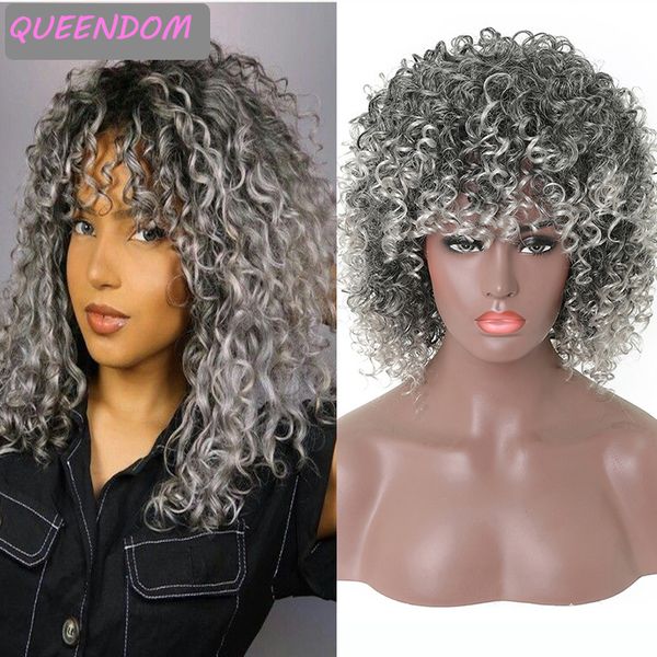 

ombre synthetic kinky curly wig silver gray short afro curly wigs for women african american heat resistant shoulder length wig, Black