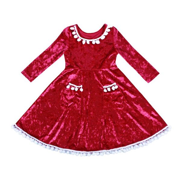 

girl's dresses flofallzique long sleeved girls with a small ball decorated christmas party cute sweet kids clothes, Red;yellow