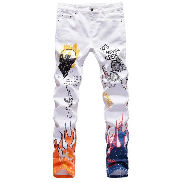 

men's jeans slim digital printed pants youth personality stretch feet casual thin denim pant streetwear hip hop trousers, Blue