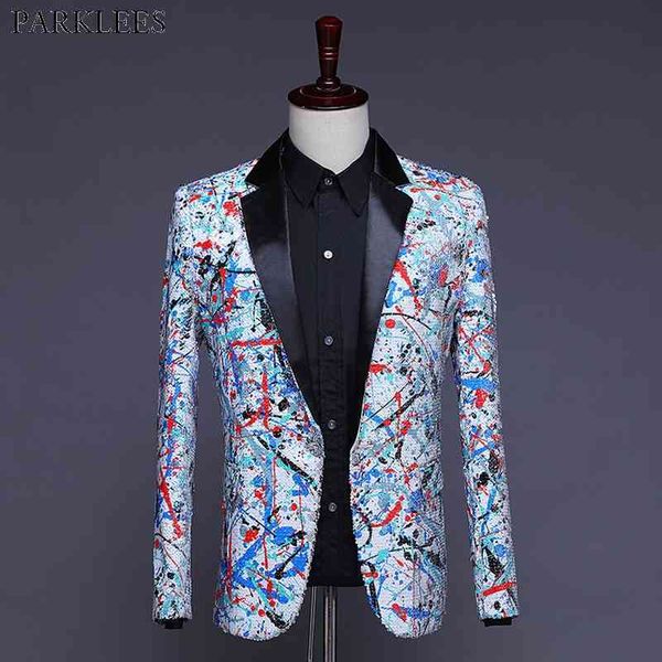 Fashion Graffiti Sequin Vestido Blazer Festa de Casamento Prom Mens Blazer Casaco Casaco Nightclub DJ Estágio Singer Glitter Traje 010522