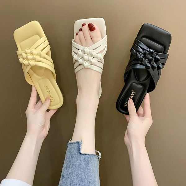 

slippers hipster flat shoes for women 2021 summer chunky heel hepburn style french goddess temperament sandals ins fashion, Black