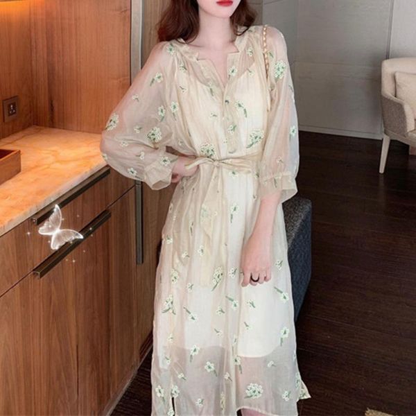 

casual dresses 2021 spring style small fresh french waist fairy flower print long skirt temperament fashion commuter v-neck dress, Black;gray