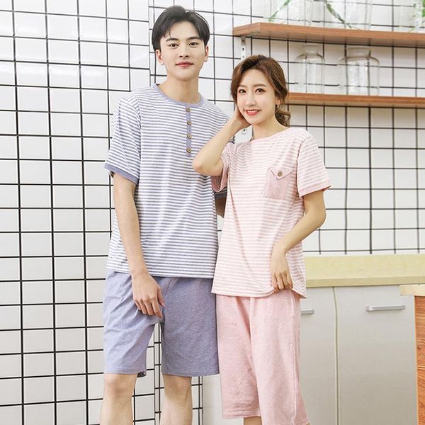 

men's sleepwear 95%pure cotton short sleeves pajamas for couples fashion stripes plus size casual summer soft home clothes sets, Black;brown