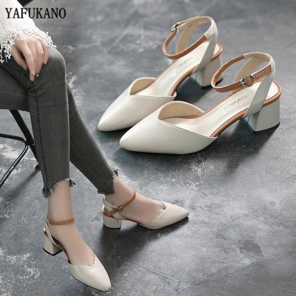 

summer buckle strap women sandals pointed toe shoes thick heels soft leather comfortable high, Black