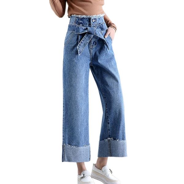 

women's jeans korean dark blue bows bandage burr high waist denim women vintage wide leg pants cuffs straight 2021