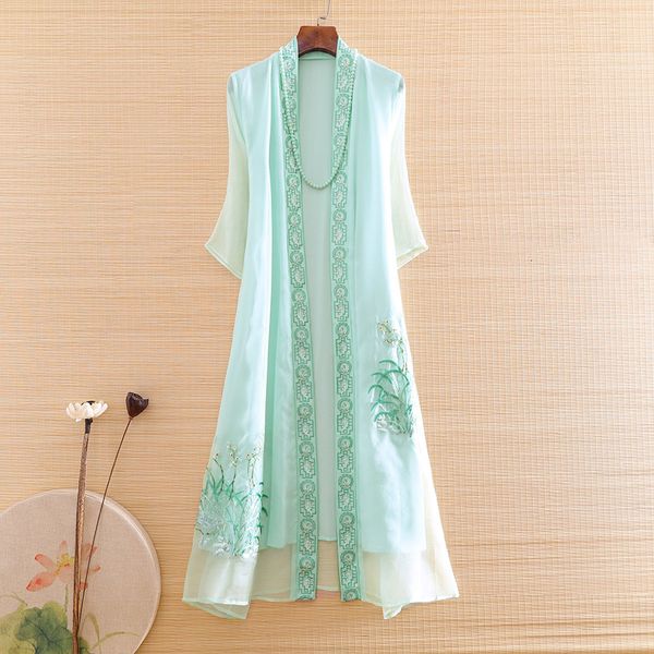 

dress women silk organza trench embroidery chinese style fashion thin and light elegant lady windbreaker coat female s-xxl, Black;gray