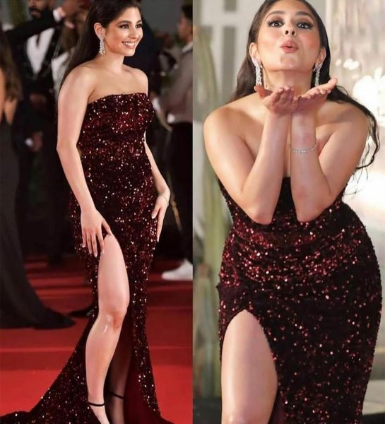 

party dresses long burgundy sequined evening with slit mermaid strapless floor length muslim formal gown for women, White;black