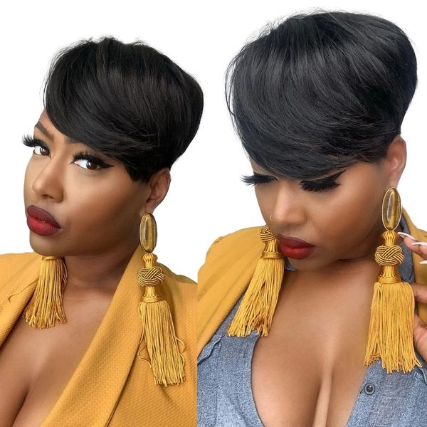 Peruca de cabelo humano curta reta Bob Pixie Cut sem renda frontal com franja para mulheres negras peruca brasileira