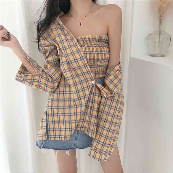

women's blouses & shirts 2 pieces set plaid shirt women +tube fashion blouse long sleeve chemise femme chemisier blusa mujer camisa, White