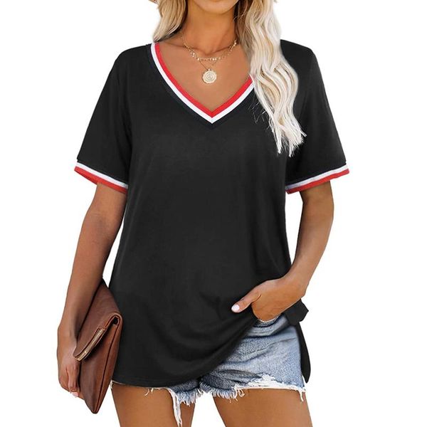 

women spring t-shirts casual fashion women's loose v-neck side split solid color short-sleeved female t shirt t-shirt, White