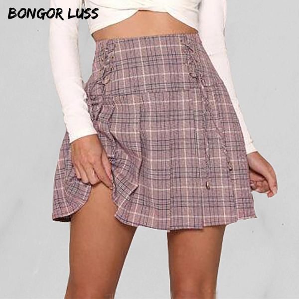 

skirts bongor luss 2021 streetwear plaid vintage women casual skirt mini autumn winter waist lace up, Black