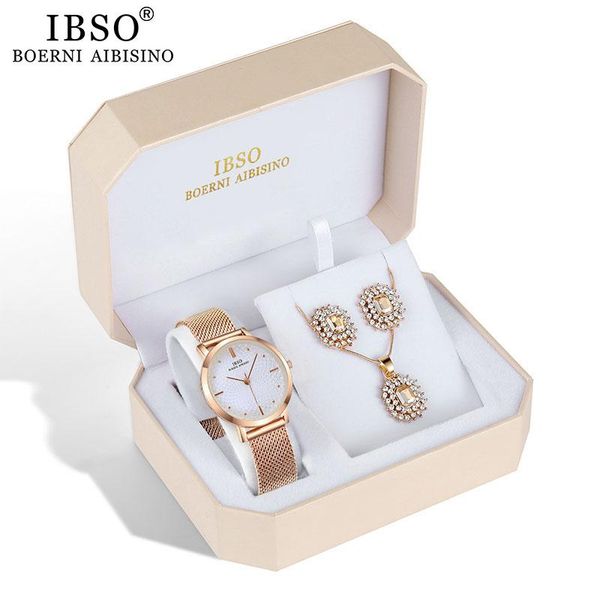 

wristwatches ibso brand drop women's rose gold watch set earring necklace jewelry sets mother's day gift, Slivery;brown