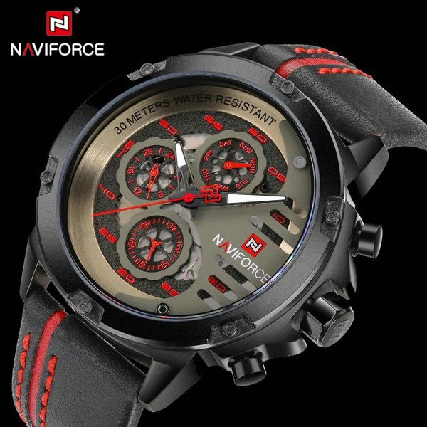 

wristwatches naviforce skeleton quartz watch men calendar sports mens watches brand fashion leather strap waterproof military wristwatch, Slivery;brown