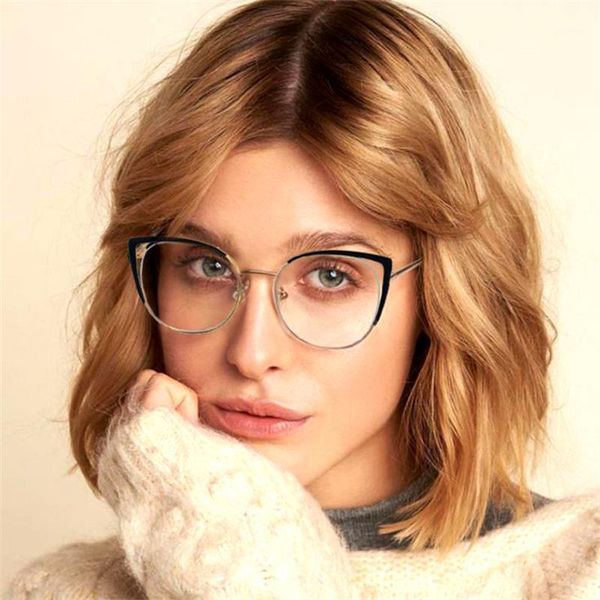

fashion cat eye glasses for women vintage blue filter metal flat mirror optical spectacles frame female vision care eyeglass sunglasses fram, Black