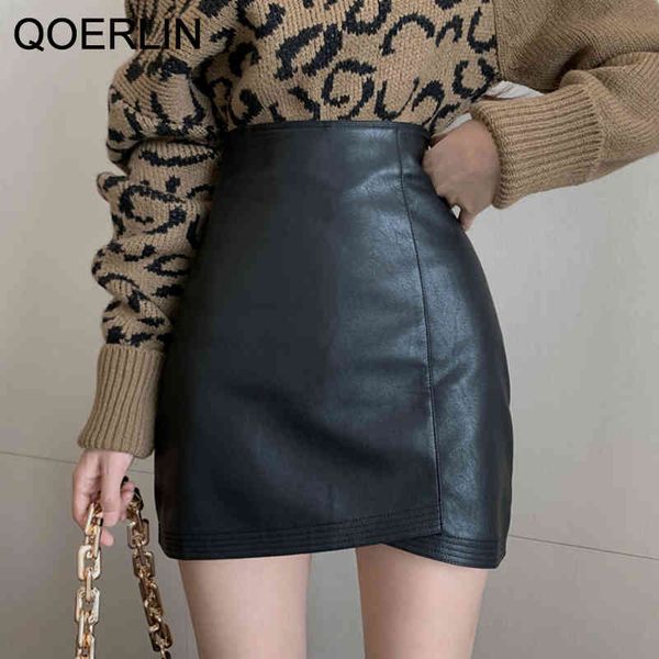 

qoerlin simple elegant split leather skirt high waist a-line skirt summer casual streetwear mini slim pu skirt plus size 210416, Black