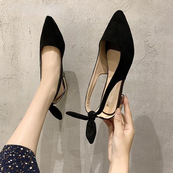 

sandals sweet bow-knot ears women flock slip on sandale solid cut out pointed toe sandalias zapatos chaussure femme 2021, Black