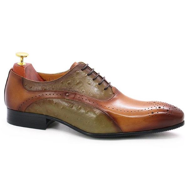 

dress shoes italian men genuine calf leather green brown ostrich pattern pointed toe lace-up brogue oxford wedding for, Black