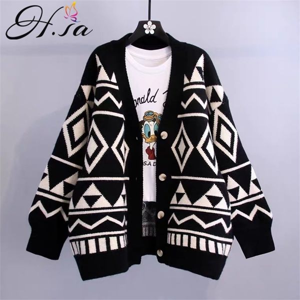 

autumn winter swearer cardigans geometric chic knit long sleeve oversized loose 210430, White